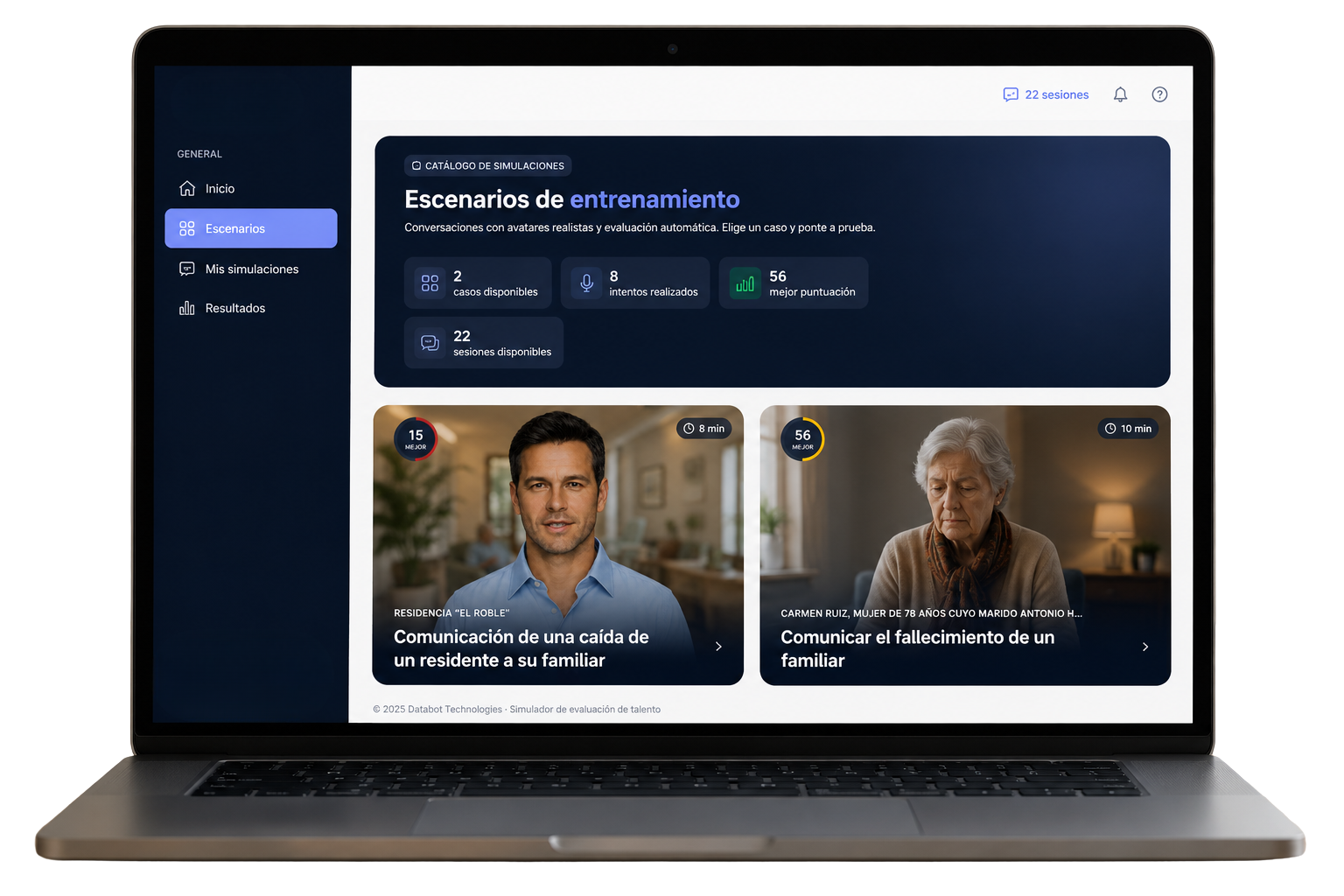Panel de SimulaCare mostrando escenarios de entrenamiento