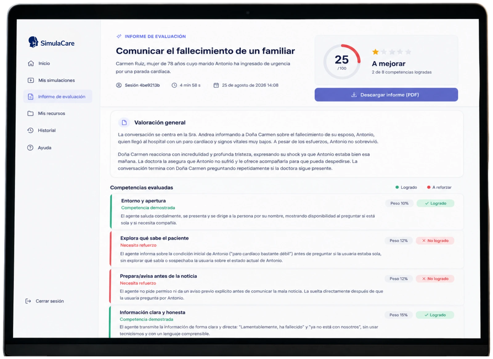 Informe de evaluación en el panel de SimulaCare, descargable en PDF