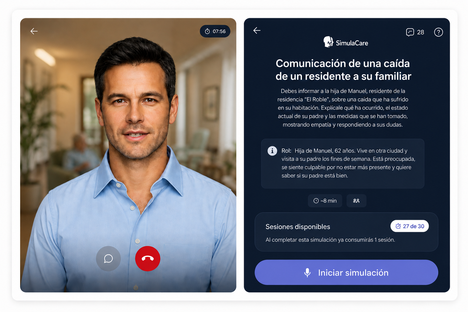 Simulación de una llamada y detalle del escenario en el móvil