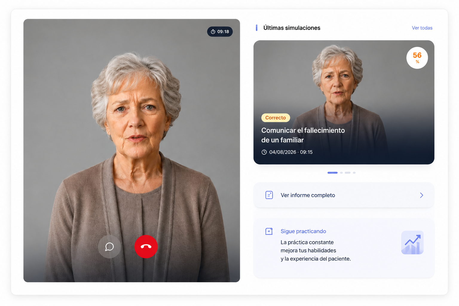Videollamada de simulación con historial de últimas simulaciones e informe